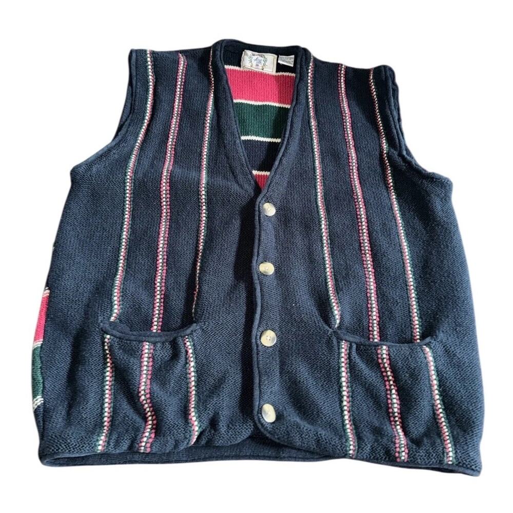 Vintage Sears Since 1886‎ Knit Sweater Vest L Ramie Cotton Striped Button Front